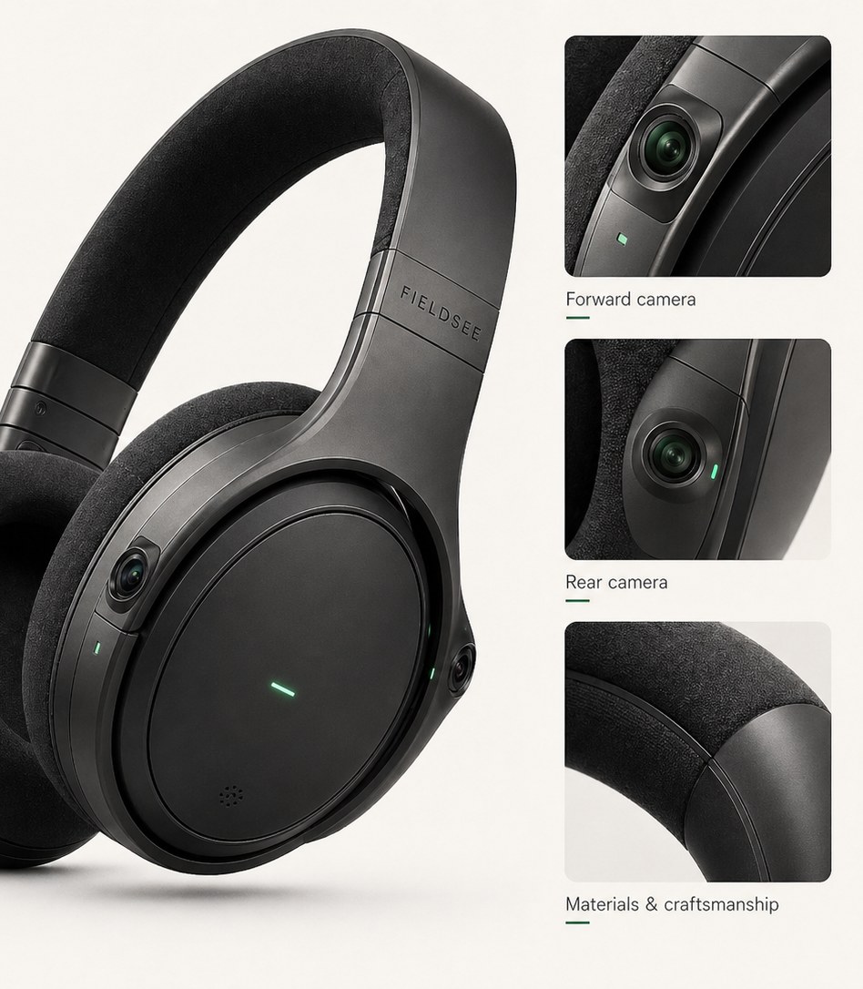 FieldSee dual-camera headset showing forward and rear cameras.
