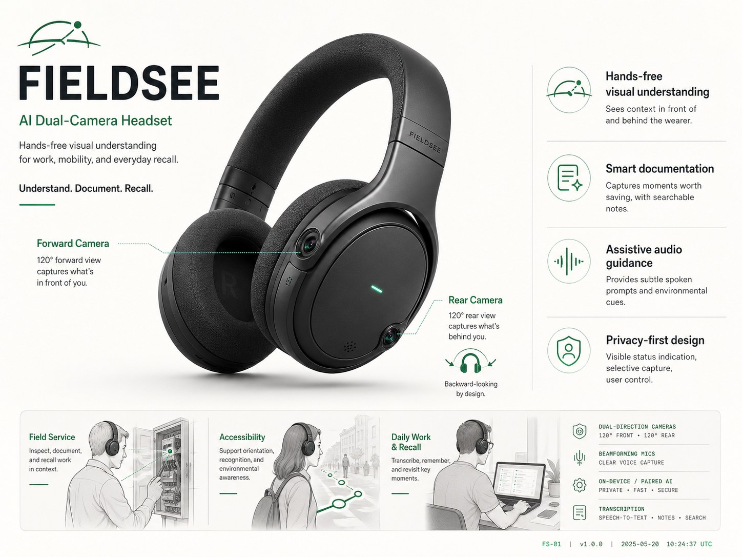 FieldSee headset specification board showing forward camera, rear camera, documentation, assistive audio, and privacy design.